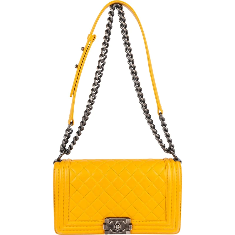 Chanel Yellow Quilted Lambskin Boy Single Flap Crossbody Bag