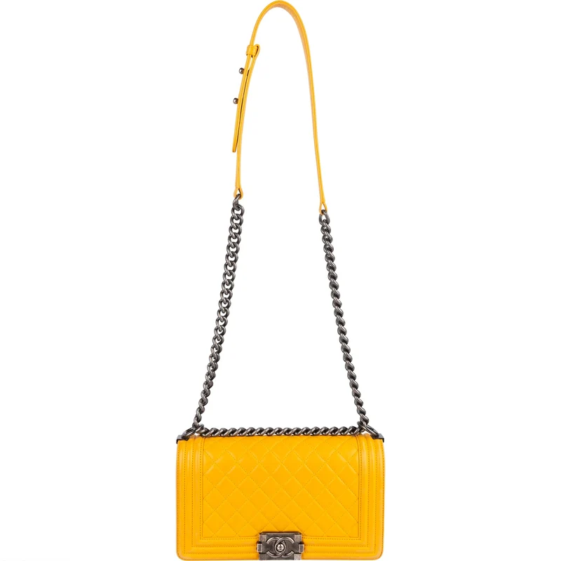 Chanel Yellow Quilted Lambskin Boy Single Flap Crossbody Bag