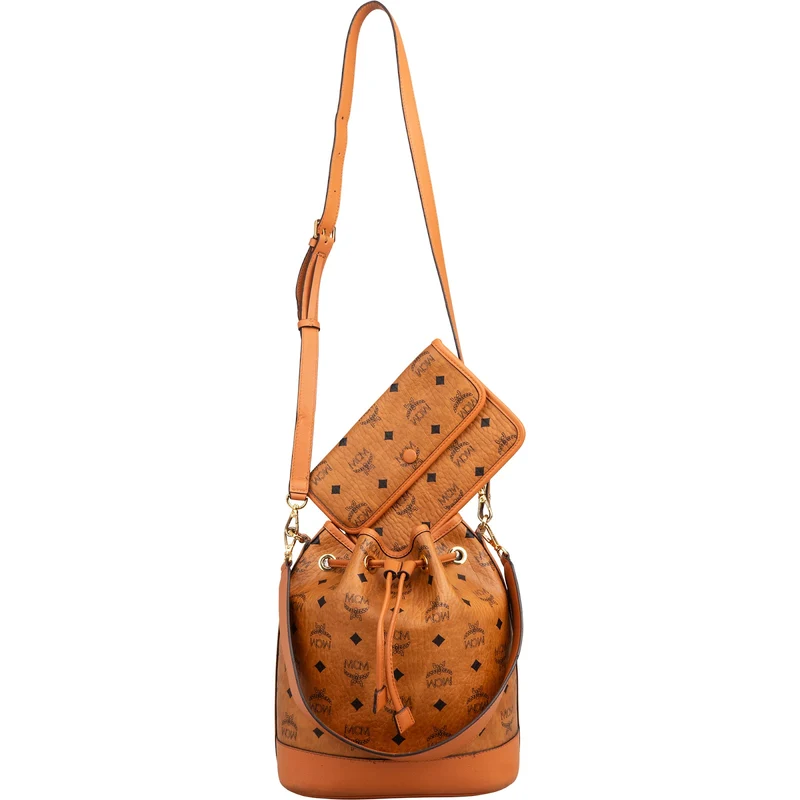 MCM Monogram Visetos Aren Drawstring Bucket Crossbody Bag
