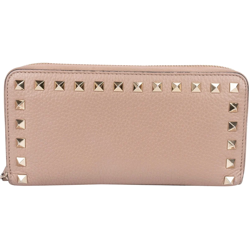 Valentino Grained Calfskin Rockstud Zip Around Wallet
