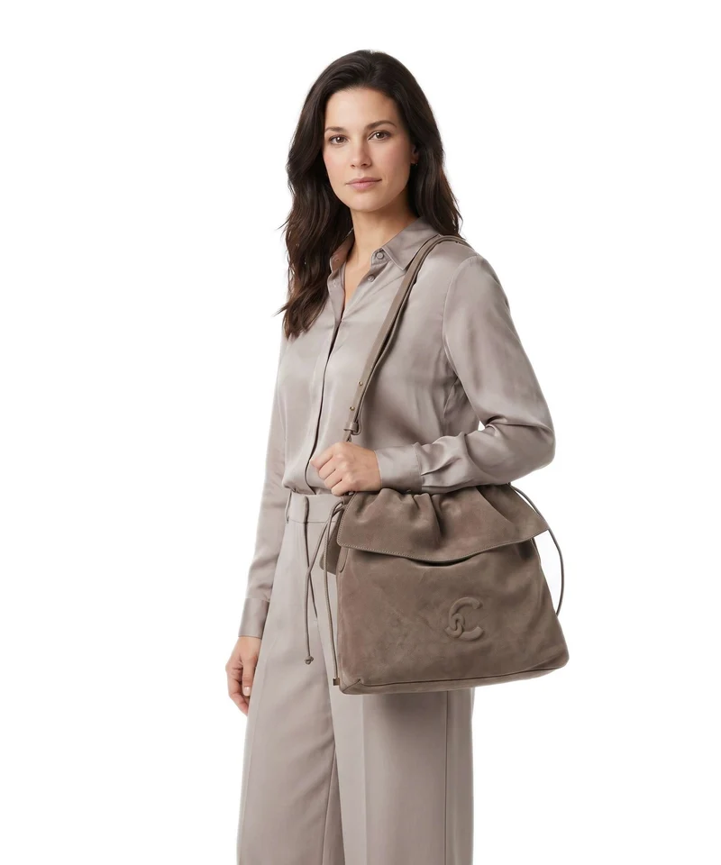 Coccinelle Lidia Suede Beuteltasche warm taupe