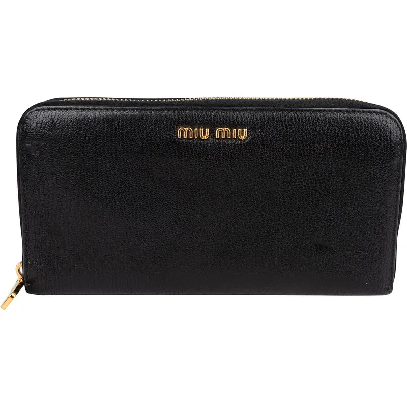 Miu Miu Black Leather Zip Around Wallet