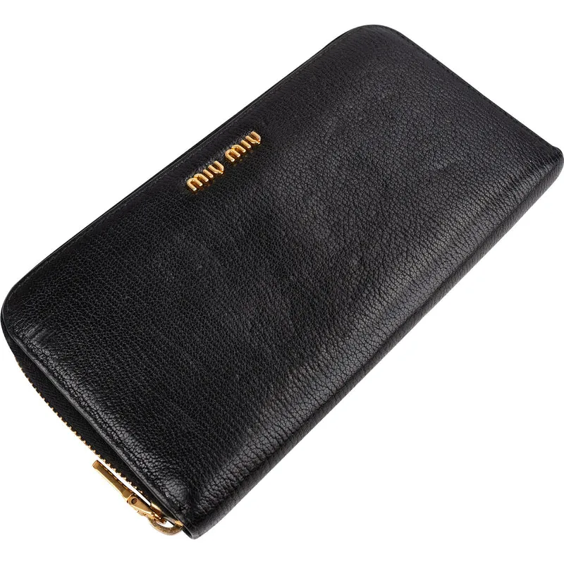 Miu Miu Black Leather Zip Around Wallet
