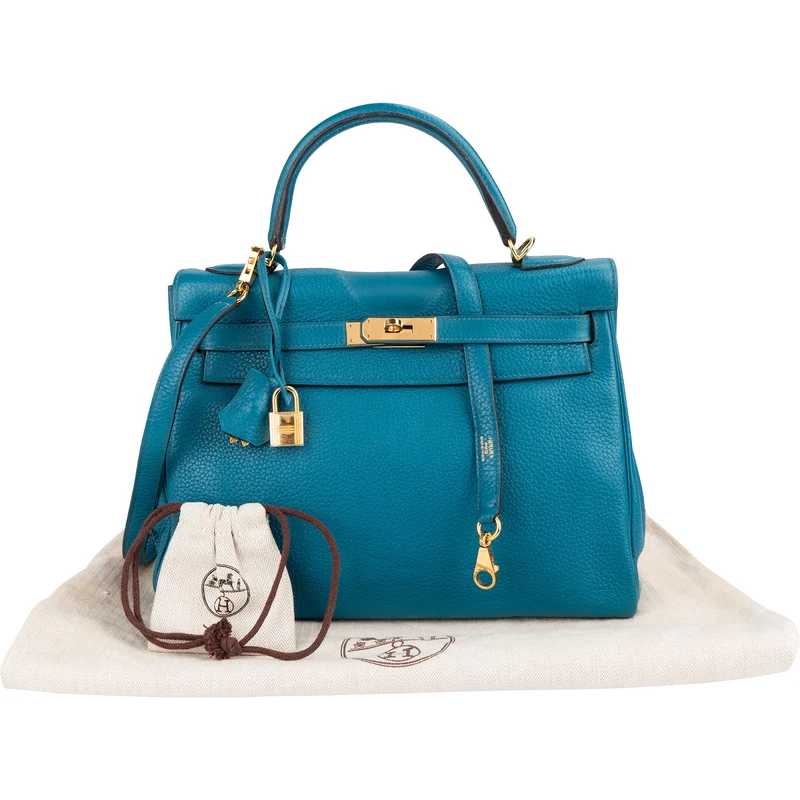 Hermès Bleu Izmir Clemence Leather Kelly 32 Handbag