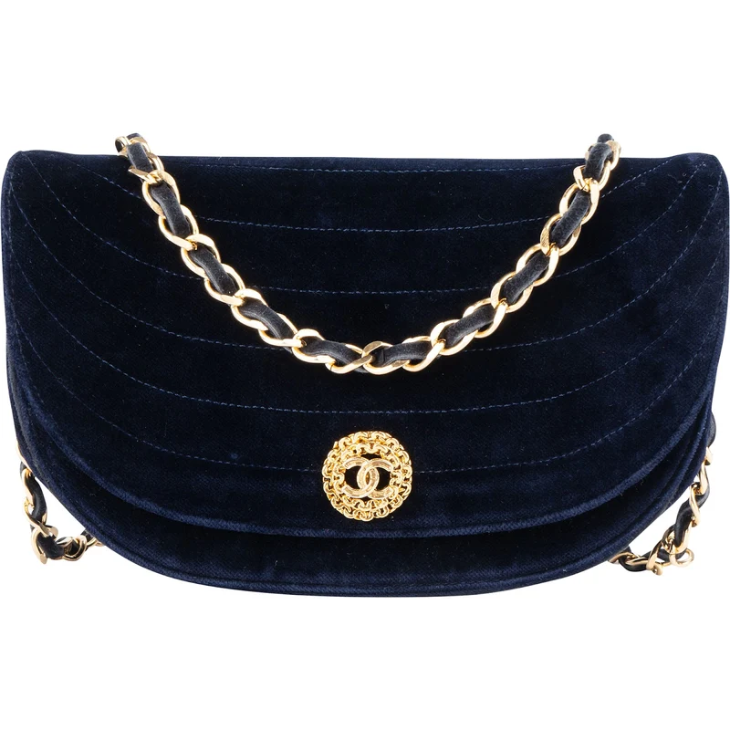 Chanel Chevron Velvet Half Moon Single Flap Crossbody Bag