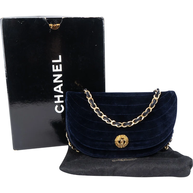 Chanel Chevron Velvet Half Moon Single Flap Crossbody Bag