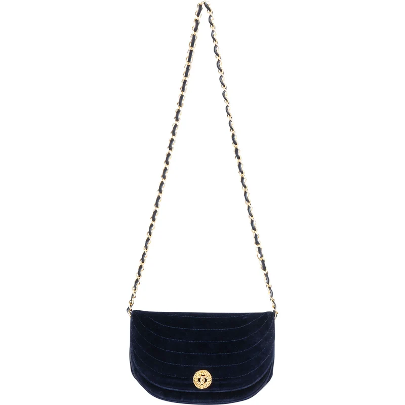 Chanel Chevron Velvet Half Moon Single Flap Crossbody Bag