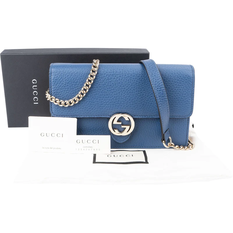 Gucci Pebbled Leather Interlocking GG Wallet On Chain Crossbody Bag