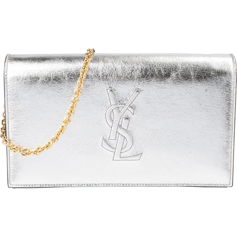 Saint Laurent Silver Metallic Leather Belle De Jour Wallet On Chain Crossbody Bag