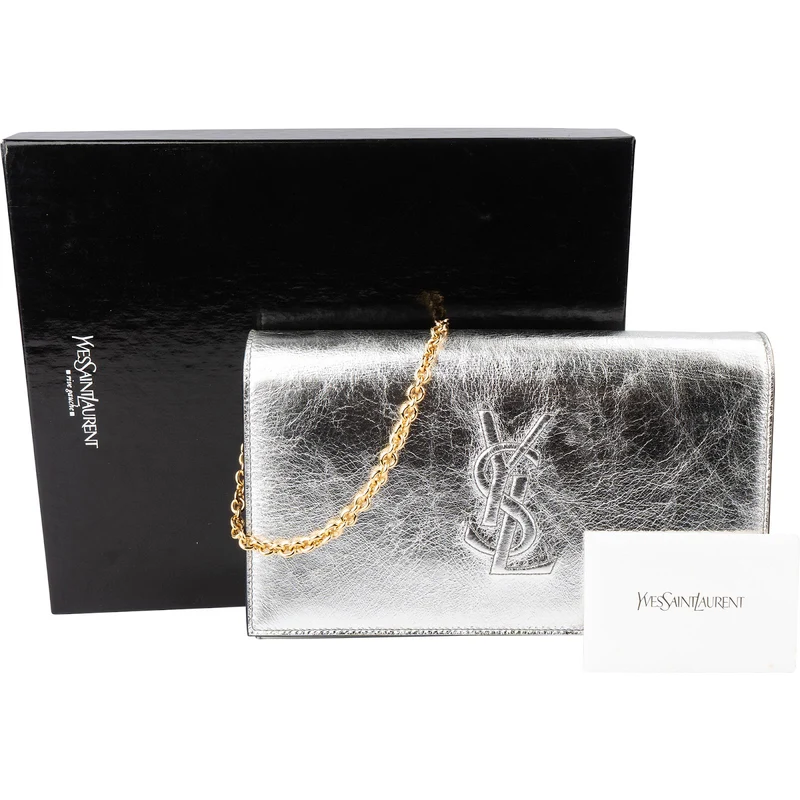 Saint Laurent Silver Metallic Leather Belle De Jour Wallet On Chain Crossbody Bag