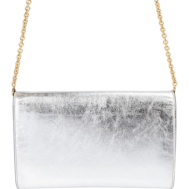 Saint Laurent Silver Metallic Leather Belle De Jour Wallet On Chain Crossbody Bag