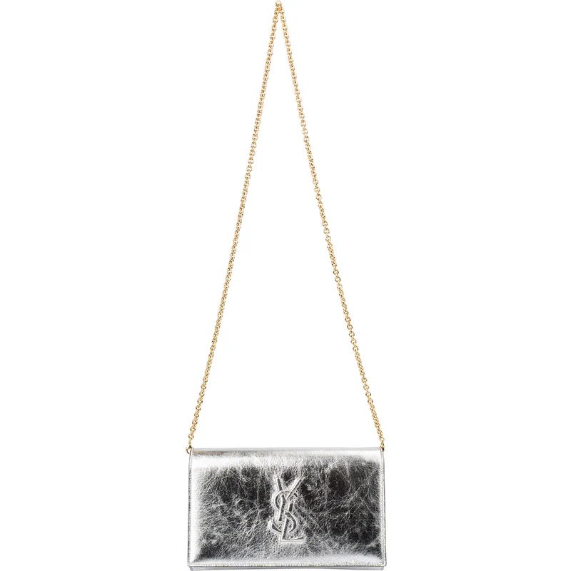 Saint Laurent Silver Metallic Leather Belle De Jour Wallet On Chain Crossbody Bag