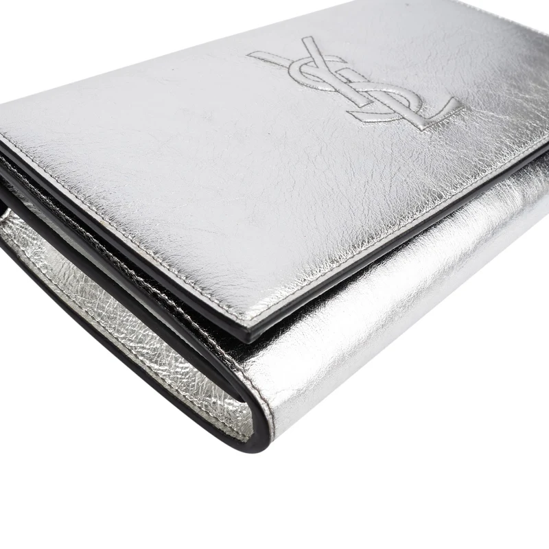 Saint Laurent Silver Metallic Leather Belle De Jour Wallet On Chain Crossbody Bag