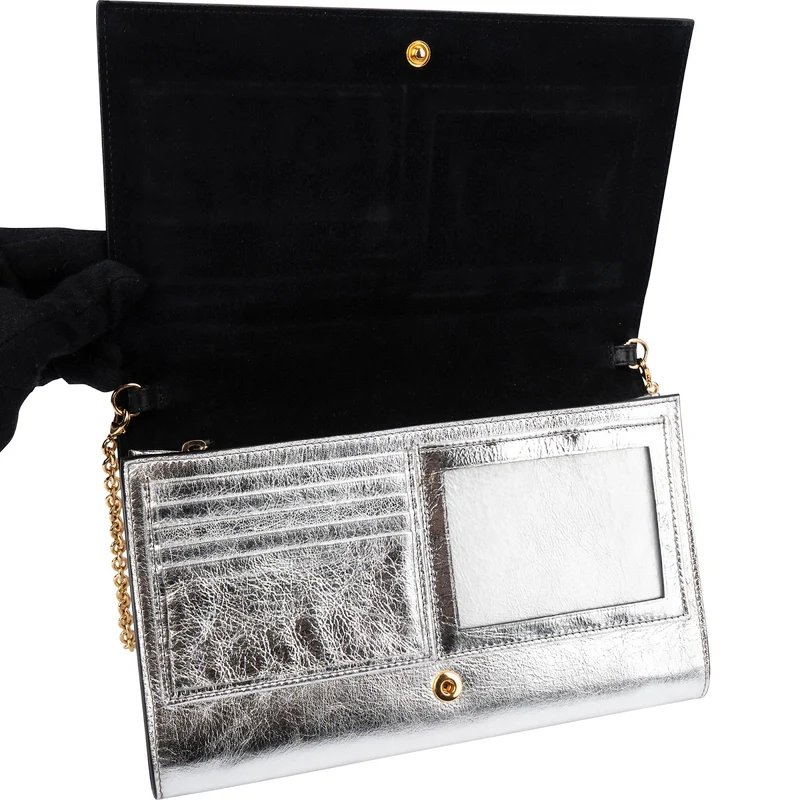 Saint Laurent Silver Metallic Leather Belle De Jour Wallet On Chain Crossbody Bag