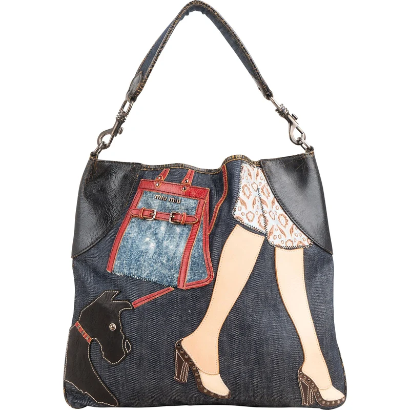 Miu Miu Denim Patch Applique Patchwork Shopper Shoulder Bag