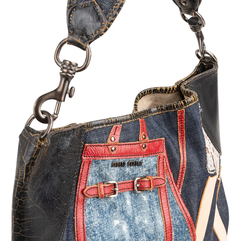 Miu Miu Denim Patch Applique Patchwork Shopper Shoulder Bag