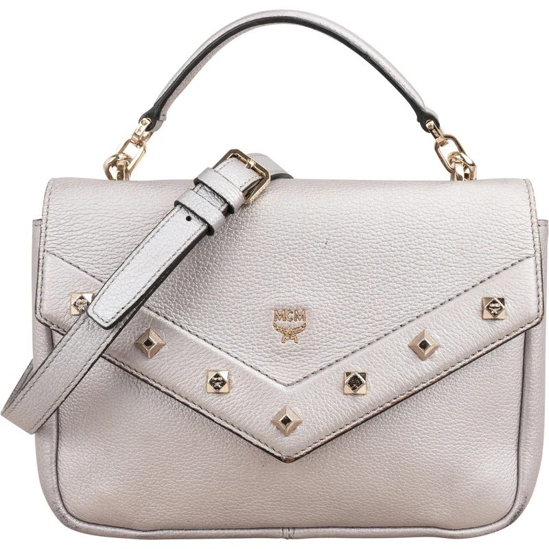 MCM Silver Leather Milla Studded Flap Crossbody Bag