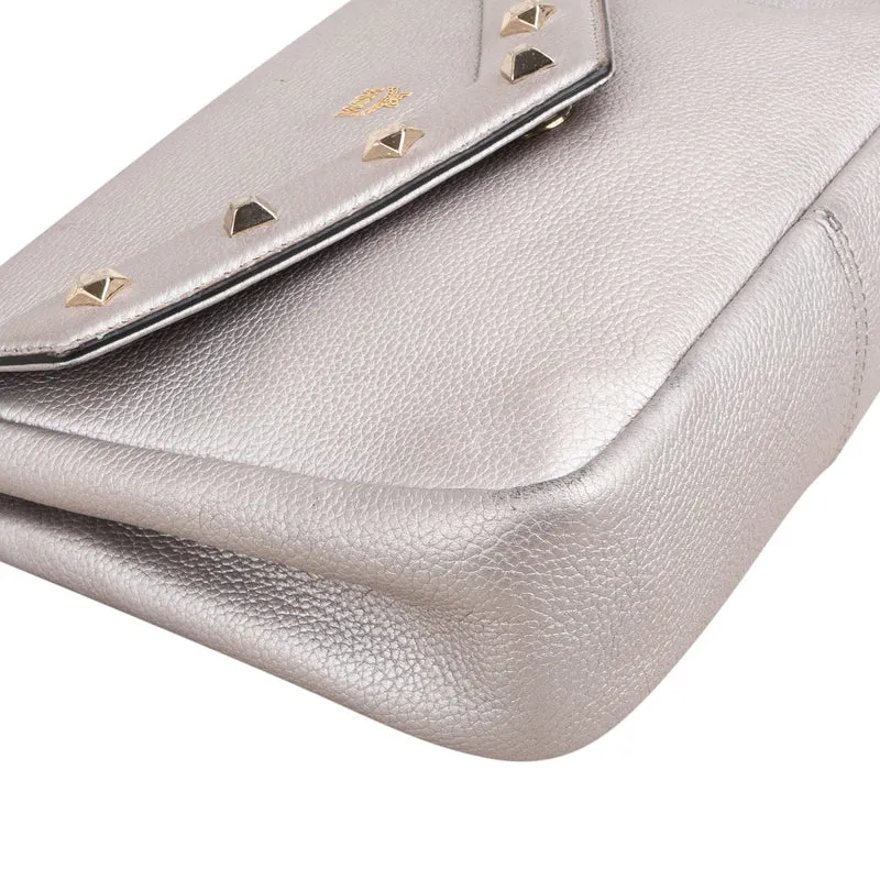 MCM Silver Leather Milla Studded Flap Crossbody Bag