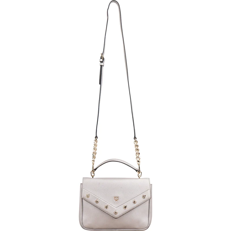 MCM Silver Leather Milla Studded Flap Crossbody Bag