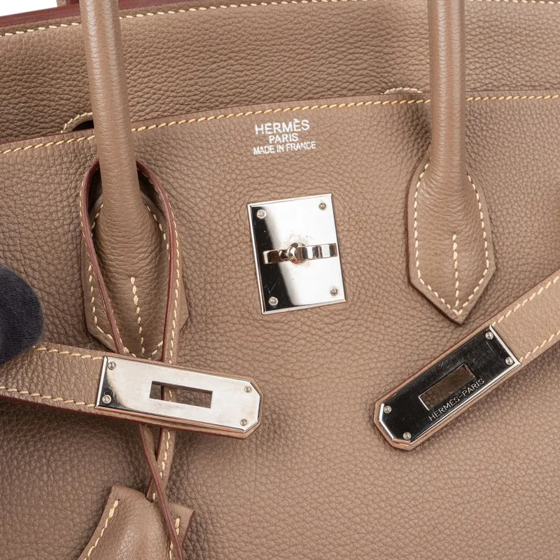 Hermès Etoupe Clemence Leather Palladium Birkin 35 Handbag