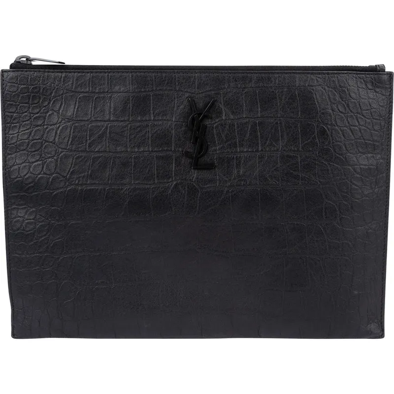 Saint Laurent Crocodile Embossed Leather Clutch