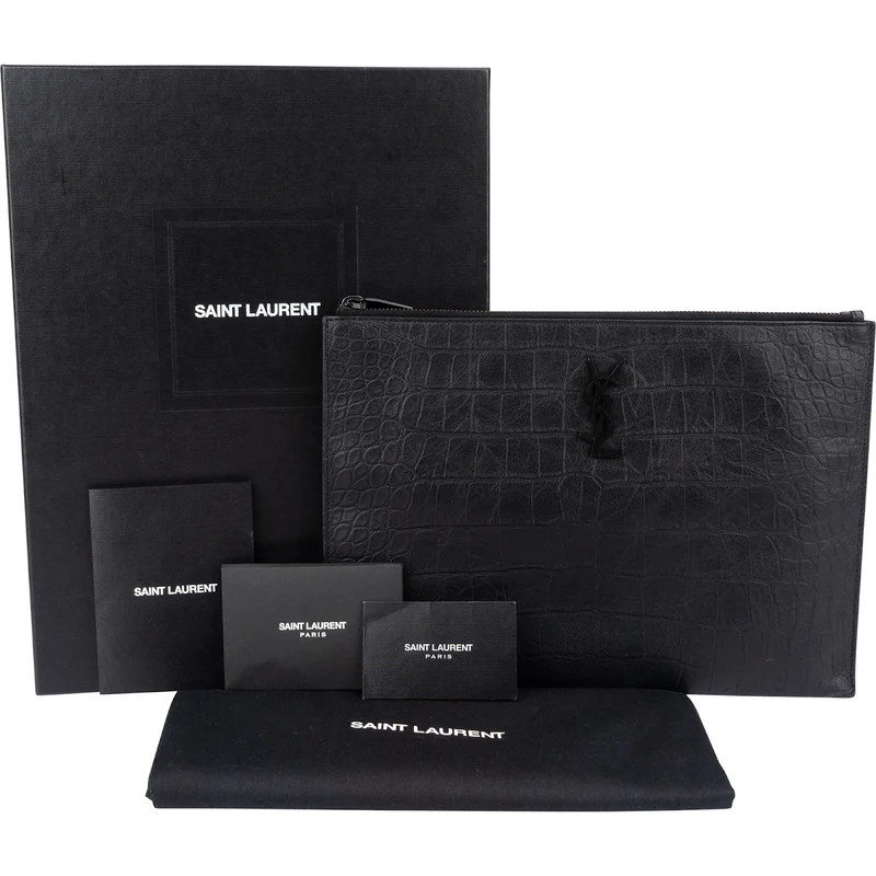 Saint Laurent Crocodile Embossed Leather Clutch