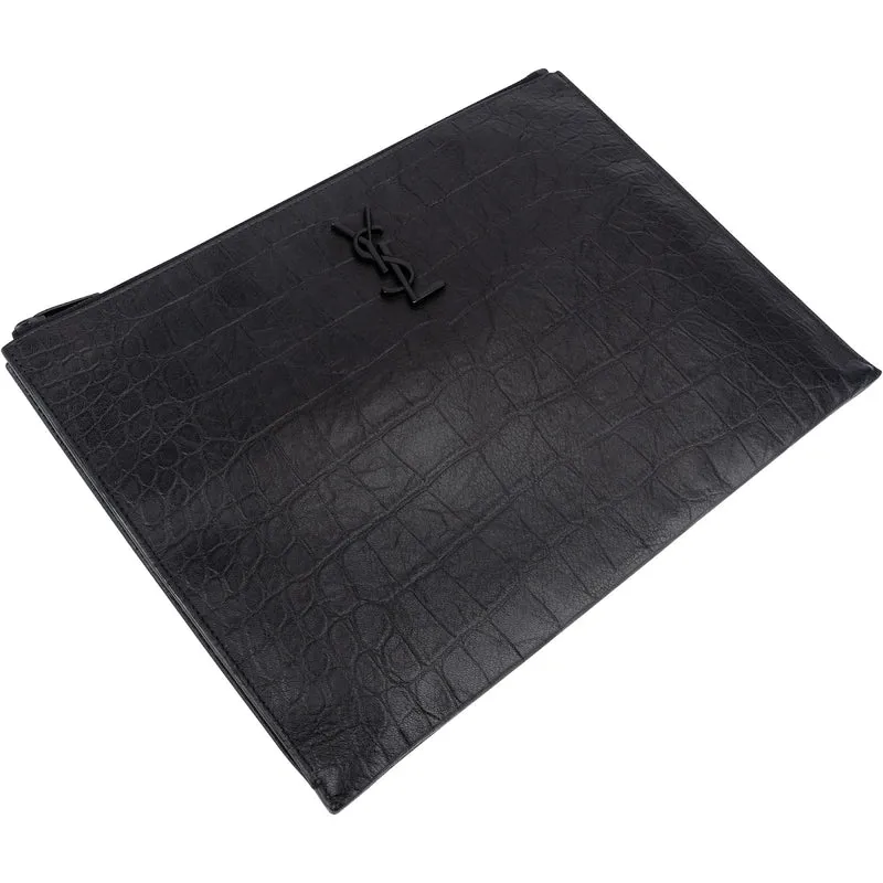 Saint Laurent Crocodile Embossed Leather Clutch