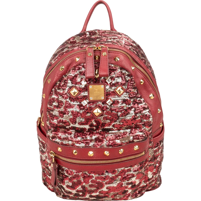 MCM Visetos Monogram Studded Sequin Leopard Stark Backpack