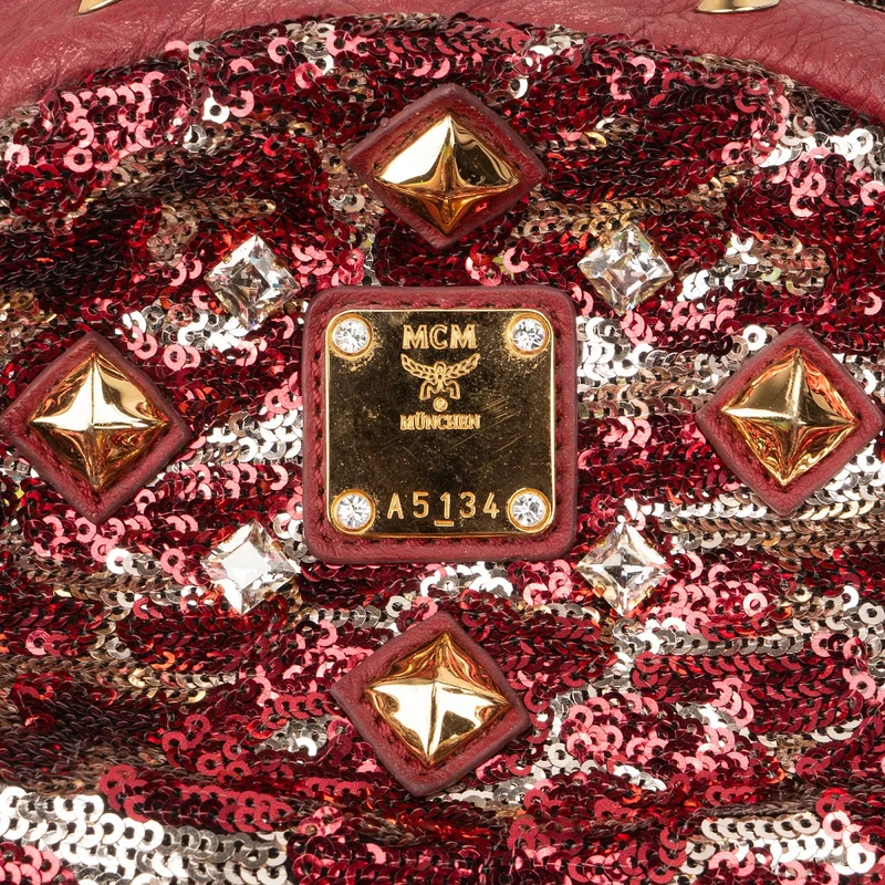MCM Visetos Monogram Studded Sequin Leopard Stark Backpack