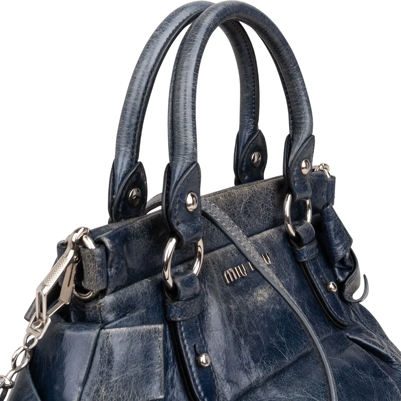 Miu Miu Blue Vitello Lux Leather Bow Handbag