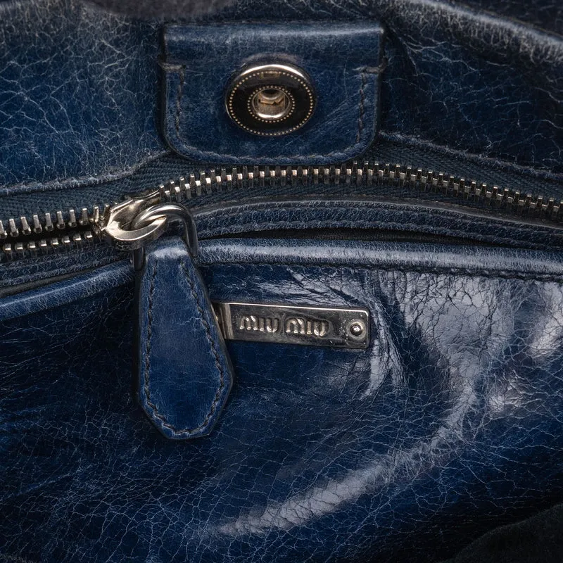 Miu Miu Blue Vitello Lux Leather Bow Handbag
