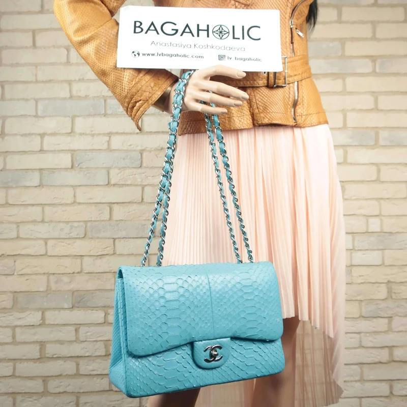 Chanel Blue Flap Jumbo Python Bag