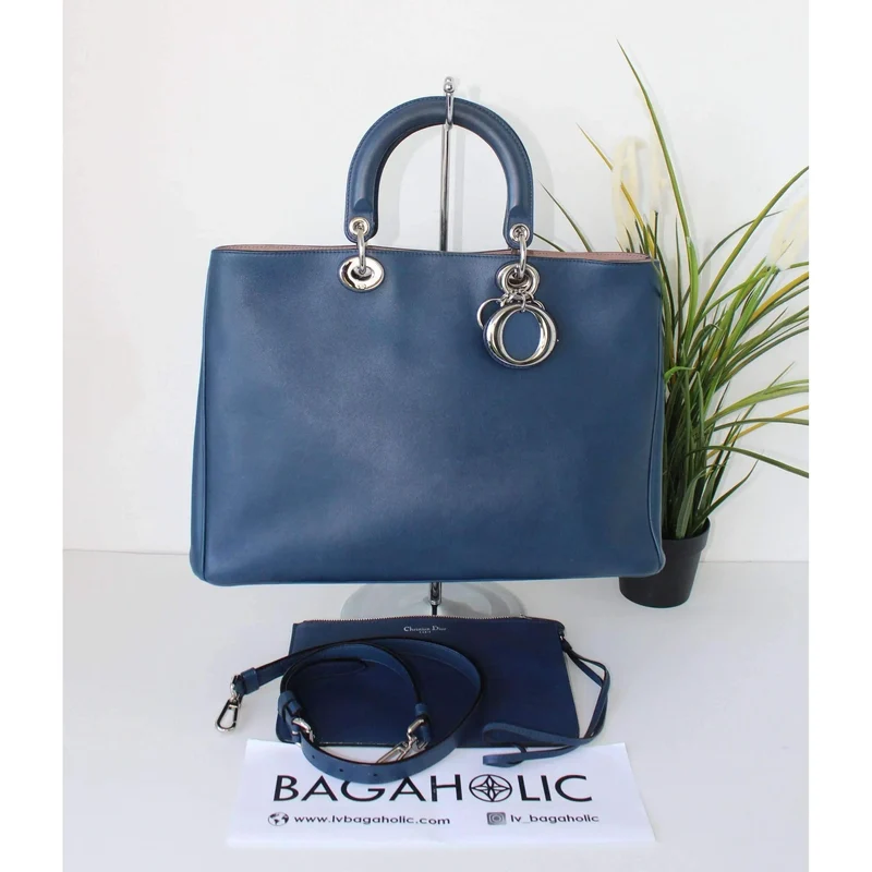 Dior Navy Blue/Light Pink Satin-Finish Calfskin Leather Large Diorissimo Tote Bag