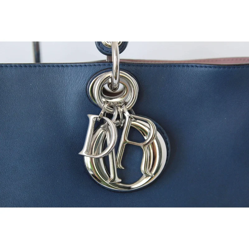 Dior Navy Blue/Light Pink Satin-Finish Calfskin Leather Large Diorissimo Tote Bag