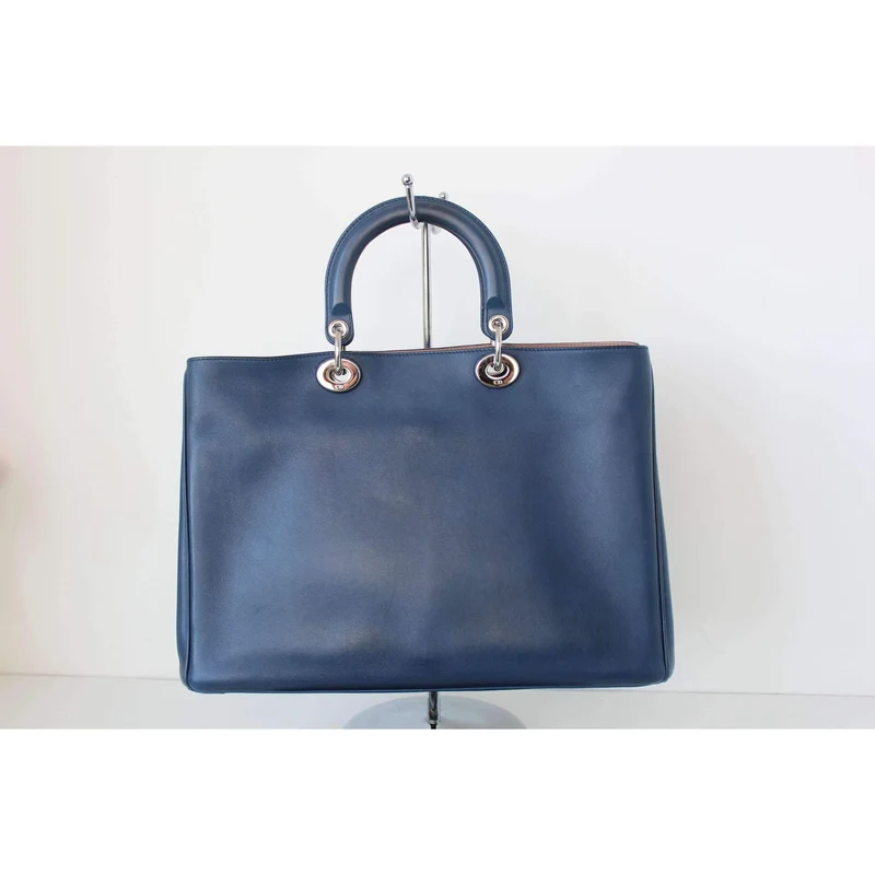 Dior Navy Blue/Light Pink Satin-Finish Calfskin Leather Large Diorissimo Tote Bag