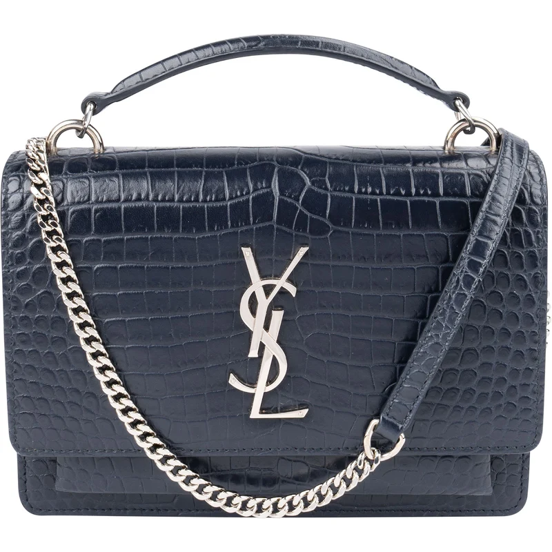 Saint Laurent Navy Exotic Croc-Embossed Sunset Top Handle Crossbody Bag