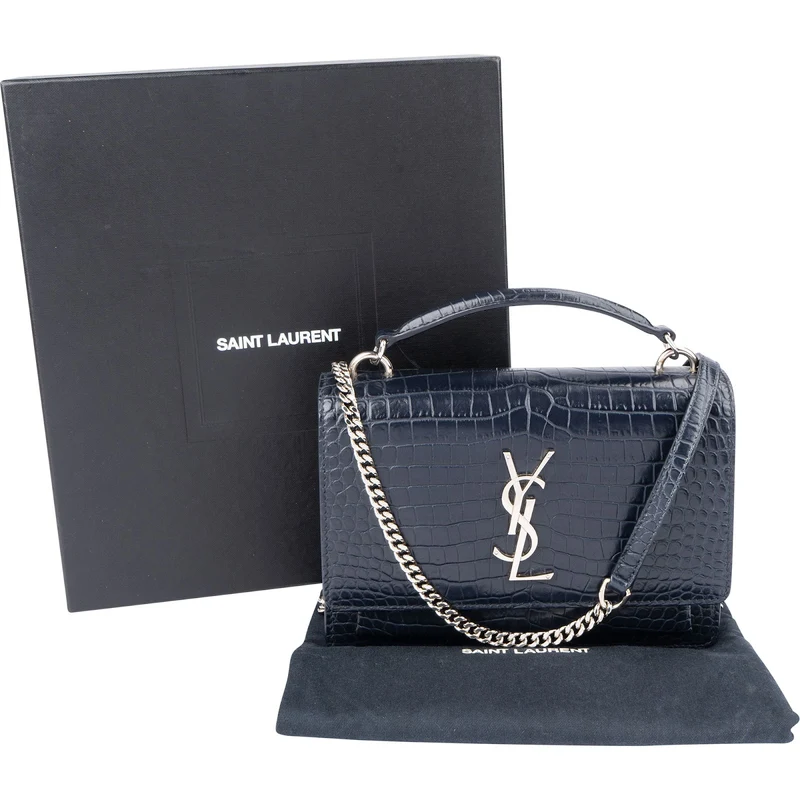 Saint Laurent Navy Exotic Croc-Embossed Sunset Top Handle Crossbody Bag