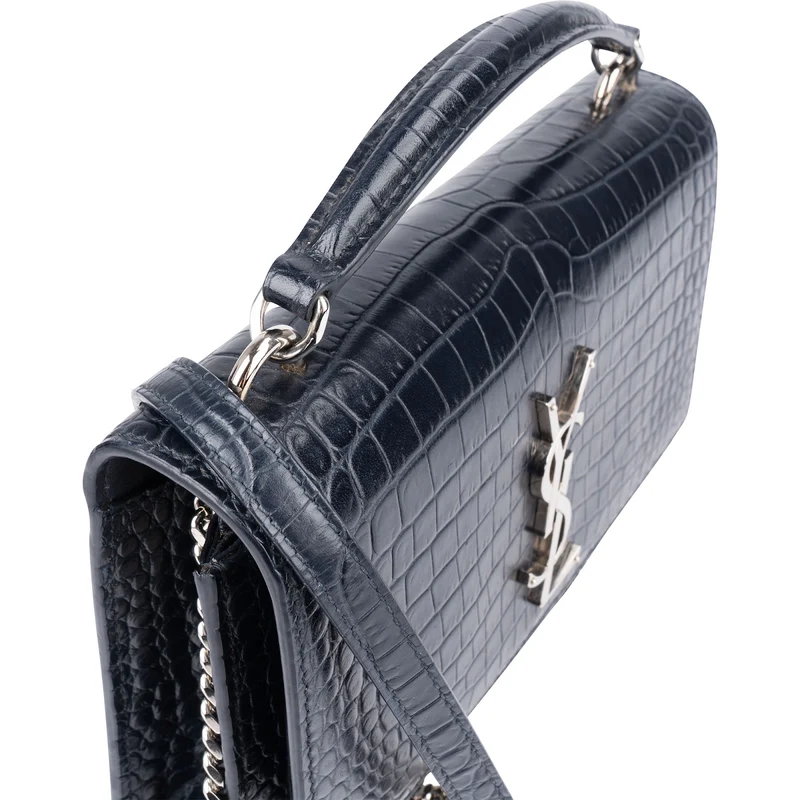 Saint Laurent Navy Exotic Croc-Embossed Sunset Top Handle Crossbody Bag
