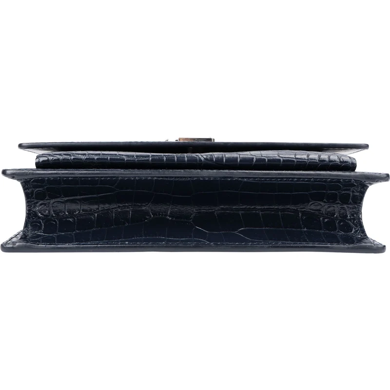 Saint Laurent Navy Exotic Croc-Embossed Sunset Top Handle Crossbody Bag