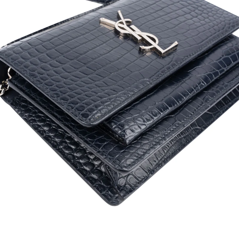 Saint Laurent Navy Exotic Croc-Embossed Sunset Top Handle Crossbody Bag