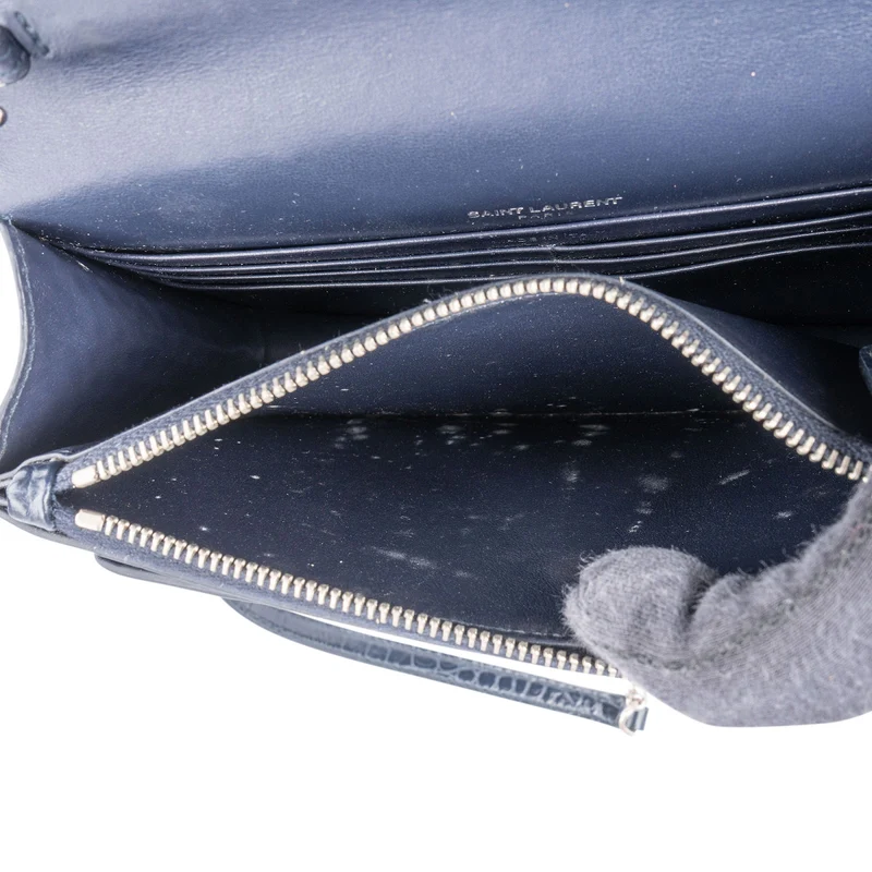 Saint Laurent Navy Exotic Croc-Embossed Sunset Top Handle Crossbody Bag