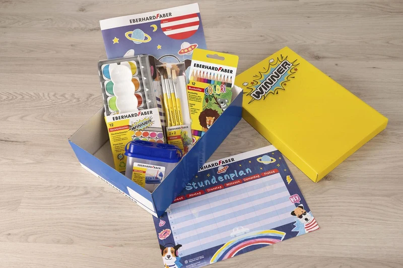 Eberhard Faber - Schulstarter Box inkl. Colori Buntstiften und Winner Deckfarbkasten in 12 Farben, Zeichen-Block A4 mit 20 Blatt, Wasserbecher, Winner Pinsel-Set mit 4 Größen und Stundenplan