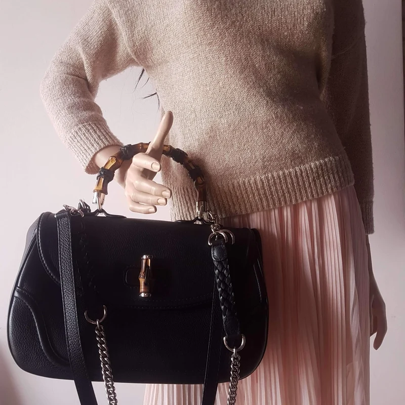 Gucci Black Leather Bamboo Top Handle Crossbody Bag