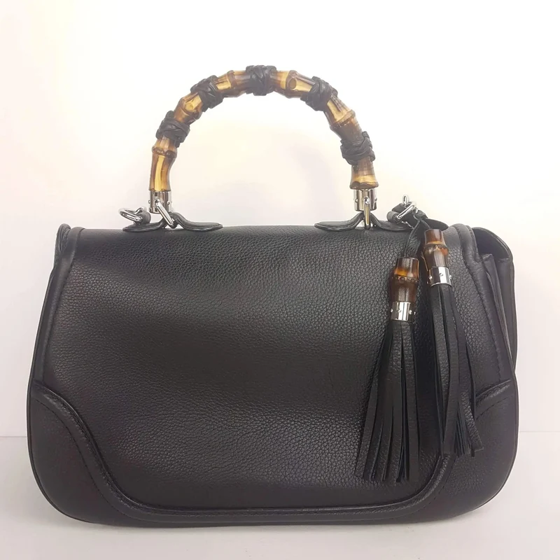 Gucci Black Leather Bamboo Top Handle Crossbody Bag