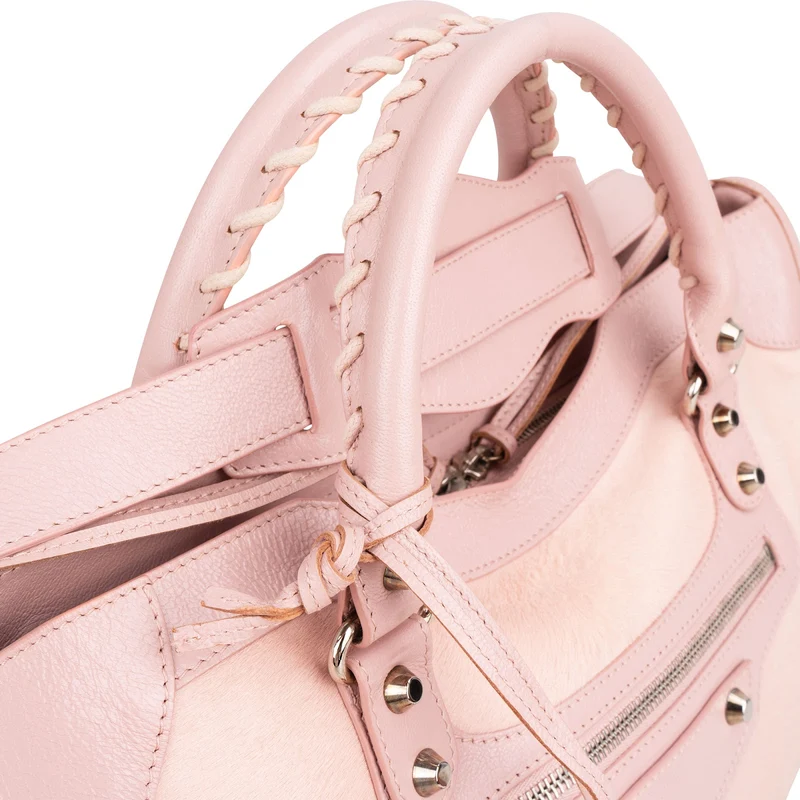 Balenciaga Pink Hair Leather City Handbag