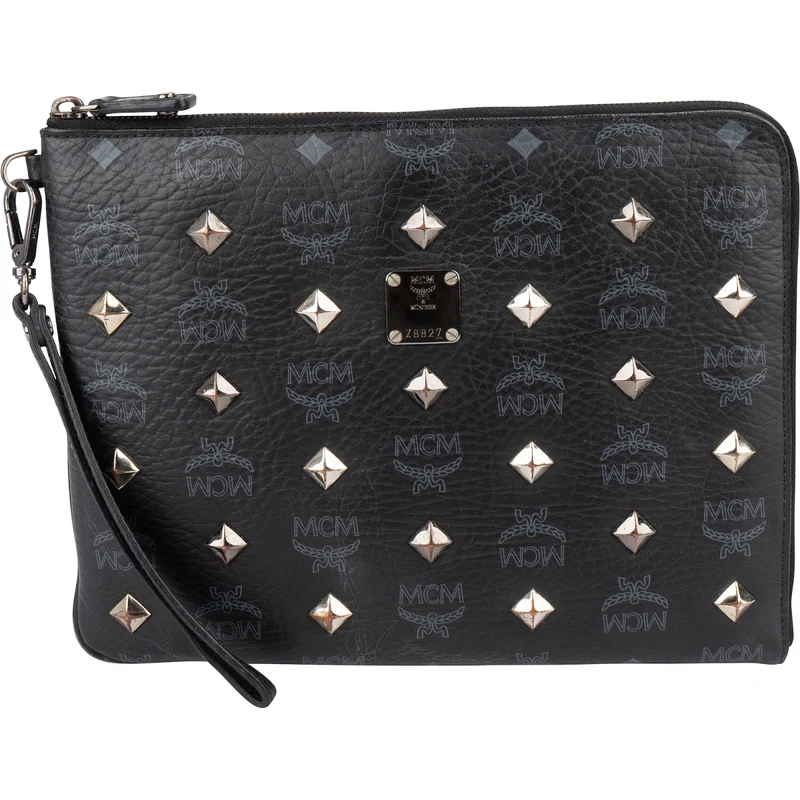 MCM Monogram Studded Visetos Leather Clutch Bag