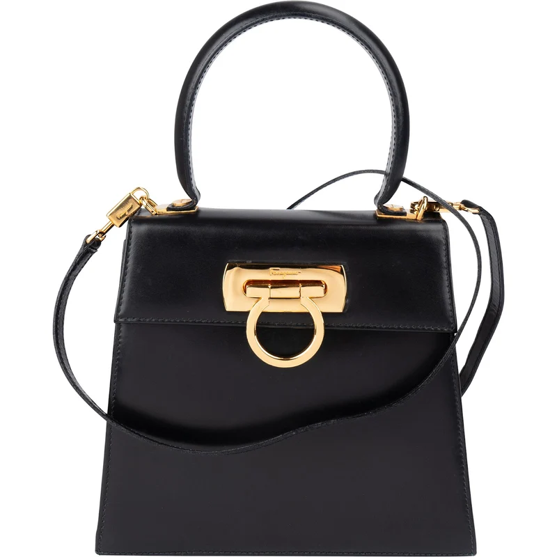 Salvatore Ferragamo Black Leather Gancini Top Handle Handbag
