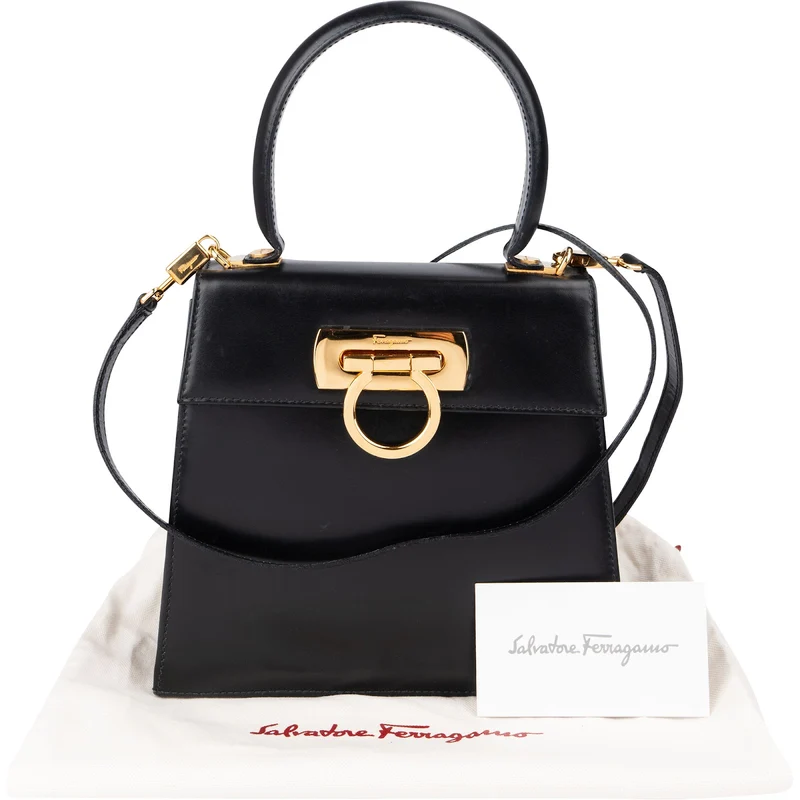 Salvatore Ferragamo Black Leather Gancini Top Handle Handbag