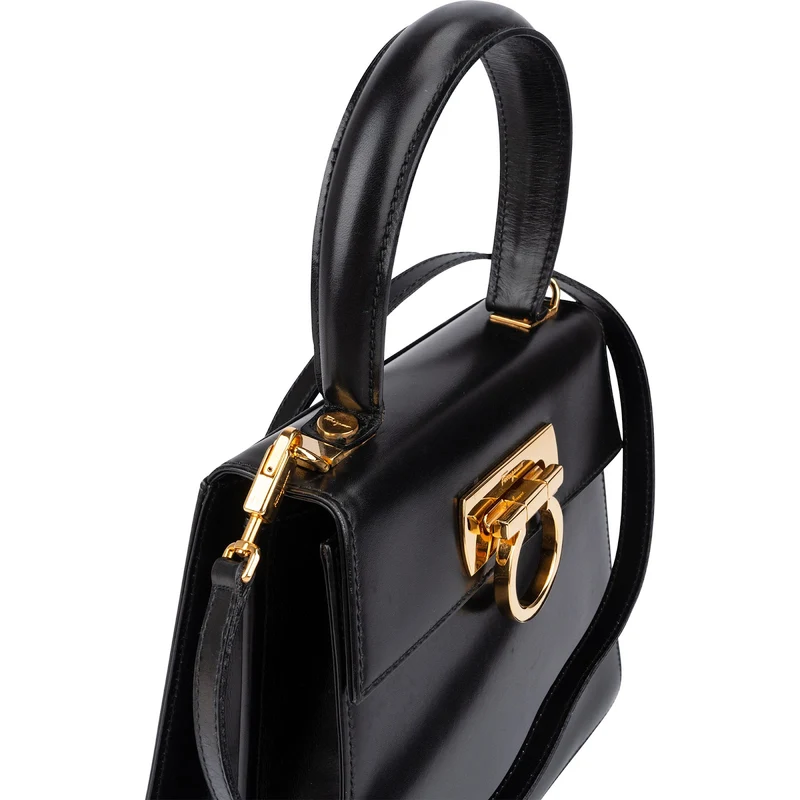 Salvatore Ferragamo Black Leather Gancini Top Handle Handbag