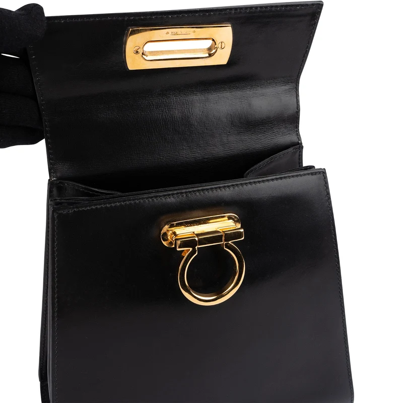 Salvatore Ferragamo Black Leather Gancini Top Handle Handbag